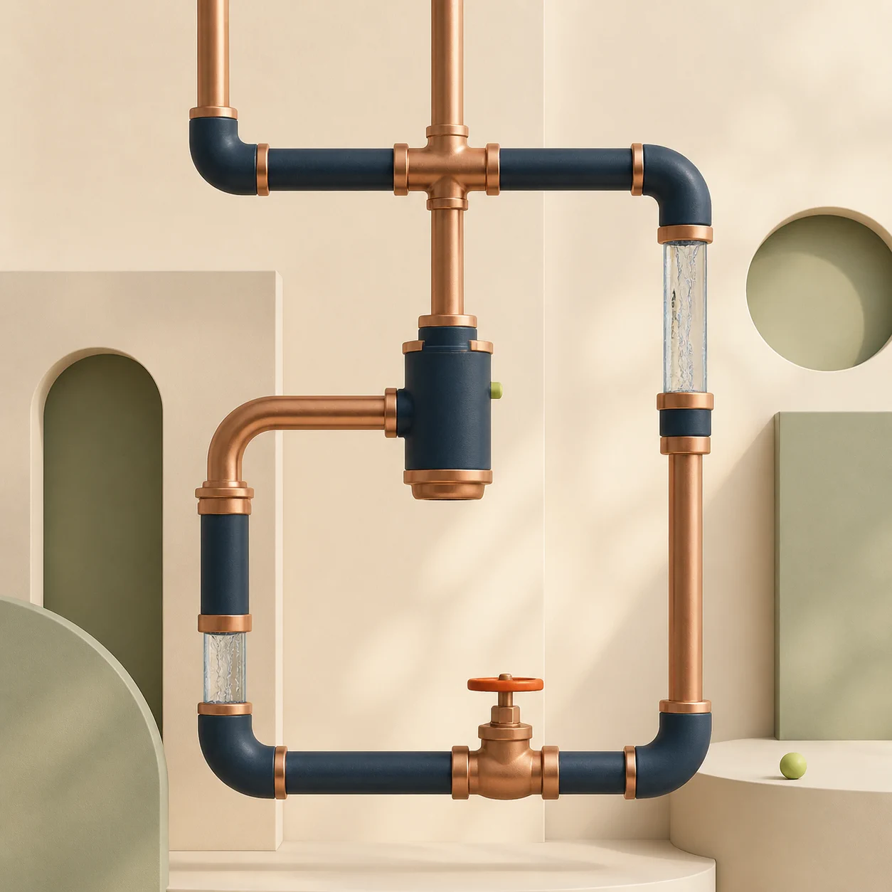 Conceptual copper and navy pipe route with visible water flow